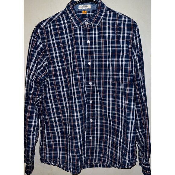 Authentic Indigo Men's Long Sleeve Plaid Shirt M 100% Cotton Blue & Red - Picture 1 of 2
